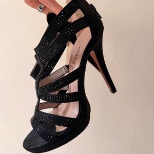Cathy Jean Black Rhinestone Strappy Stiletto Heels